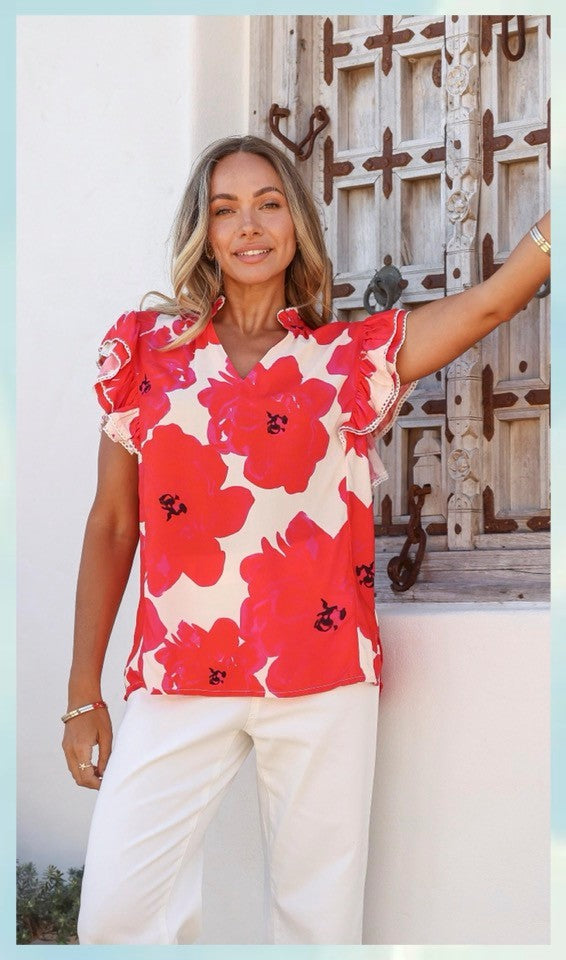 RED SCALLOP LACE TOP