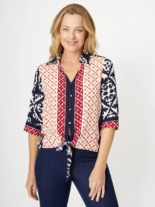 BORDER PRINT TIE TOP