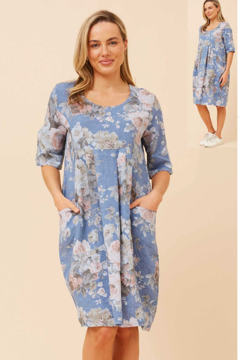 LINA BLUE FLORAL LINEN DRESS