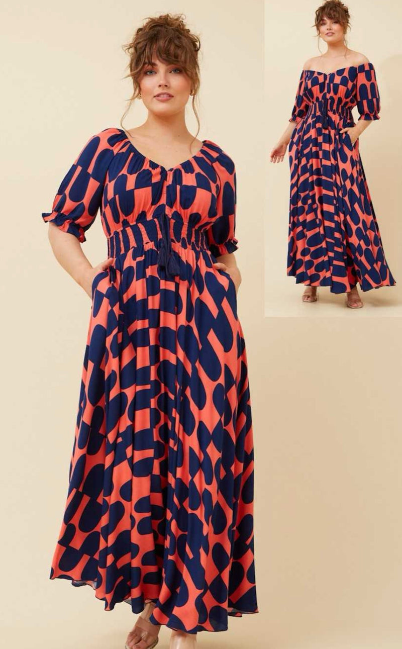 ANNA NAVY-ORANGE MAXI DRESS