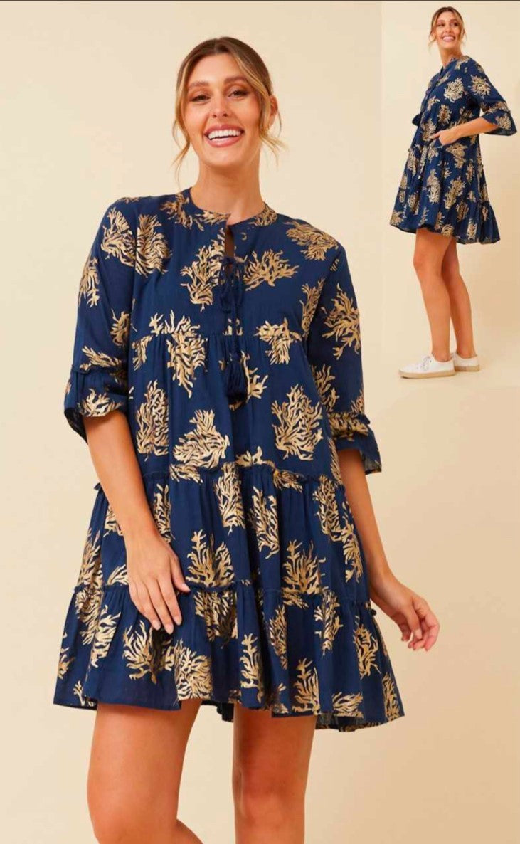 NAVY GOLD LEAF DRESS