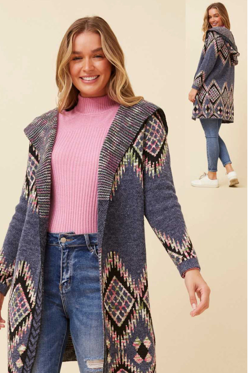 HOODED AZTEC CARDI
